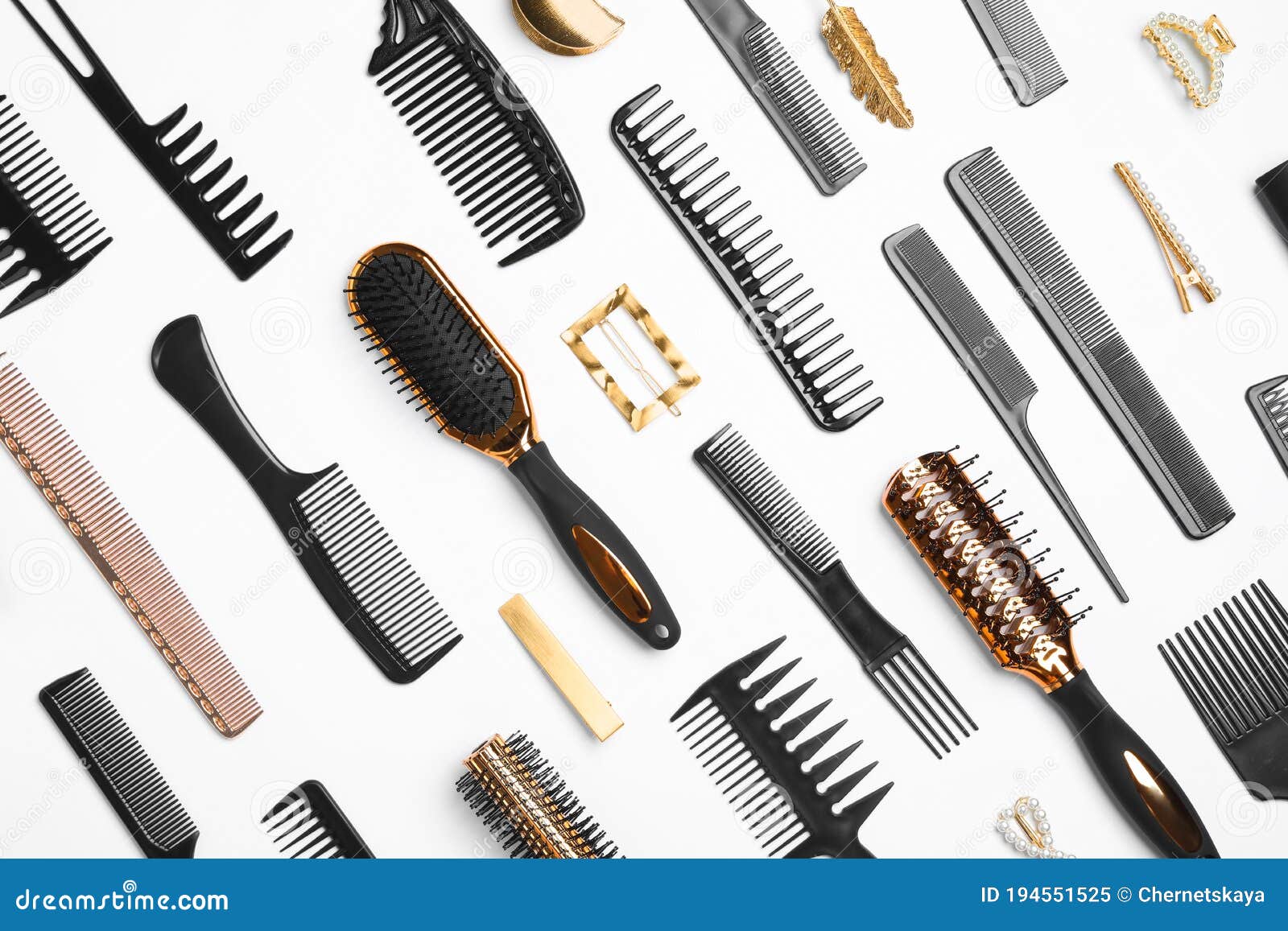 Composition with Hair Combs and Brushes on Background, Top View Stock