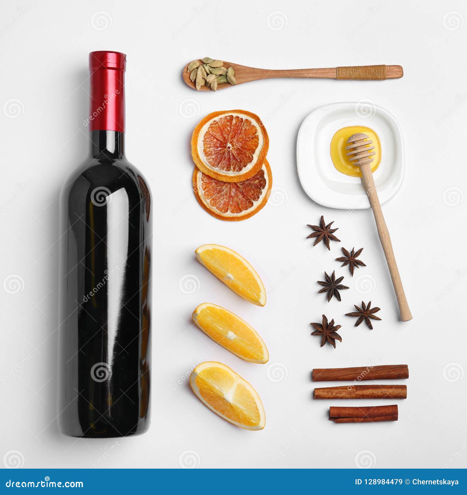 Composition with Ingredients for Mulled Wine on White Background, Top