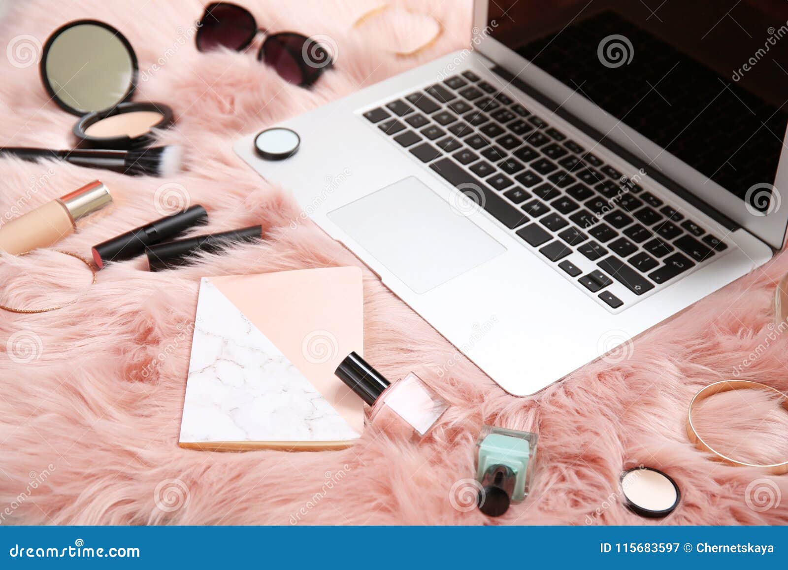 Composition with Laptop, Notebook Stock Image - Image of lipstick ...