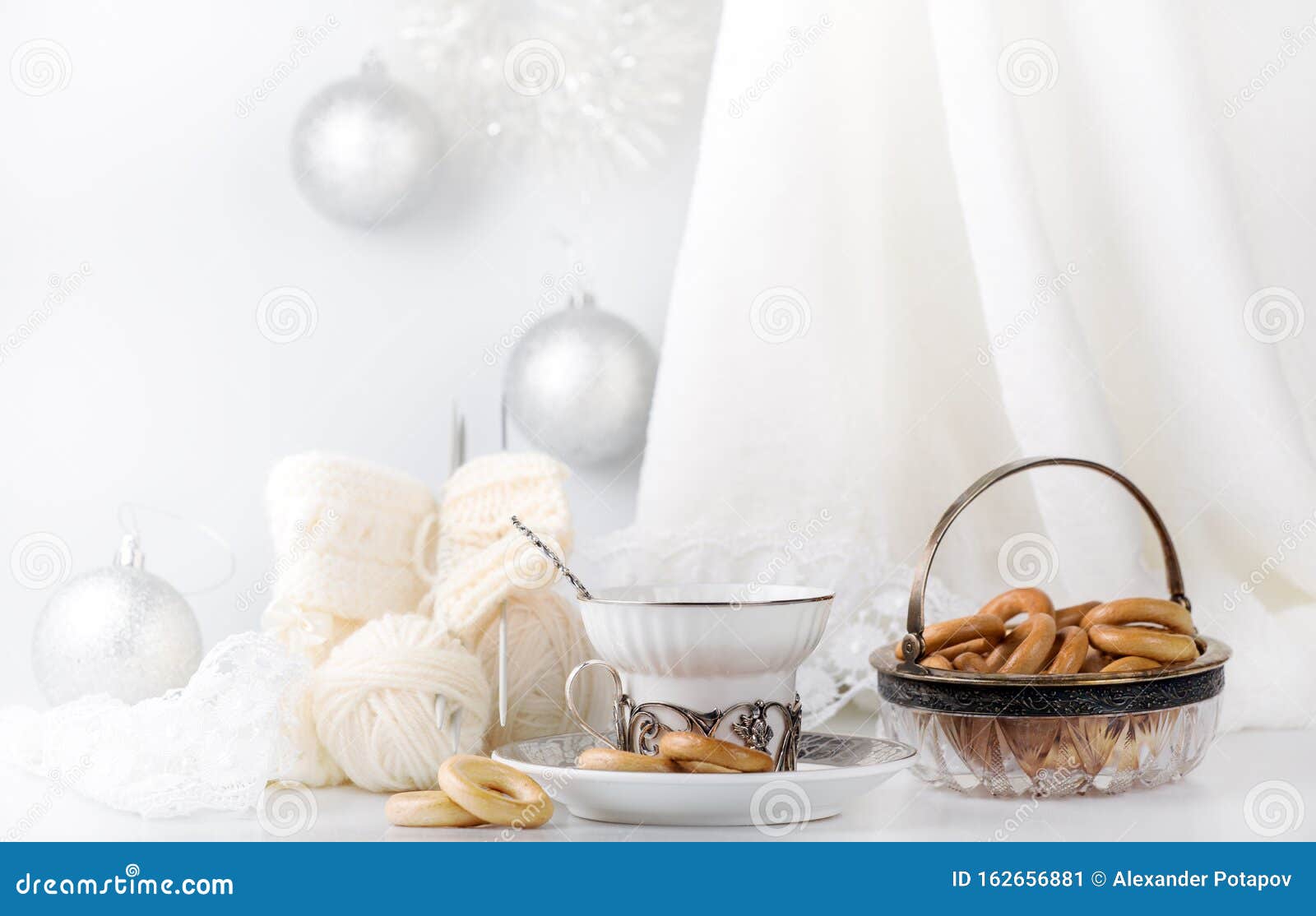 Composition With Light Christmas Decorations Tea And Bread Rings Stock Image Image Of Ring Design 162656881