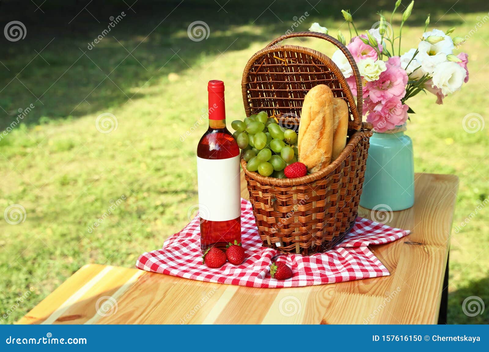 Composition With Picnic Basket On Table Stock Photo Image Of Meal