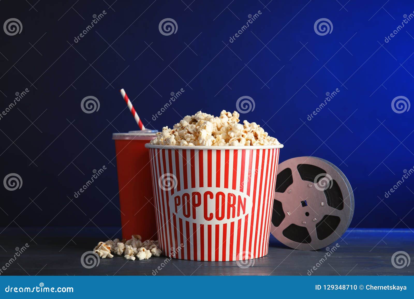 Composition with Popcorn and Cinema Reel Stock Photo Image of film