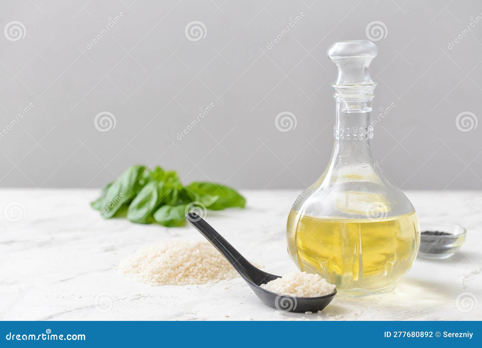 Composition with Rice Vinegar on Table Stock Photo Image of glass