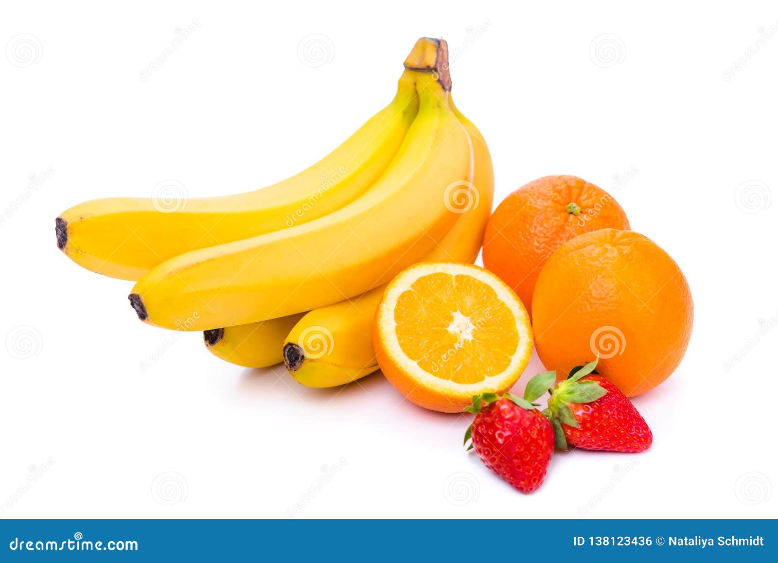 Tropical Fruits Bananas Oranges And Strawberries Isolate On White