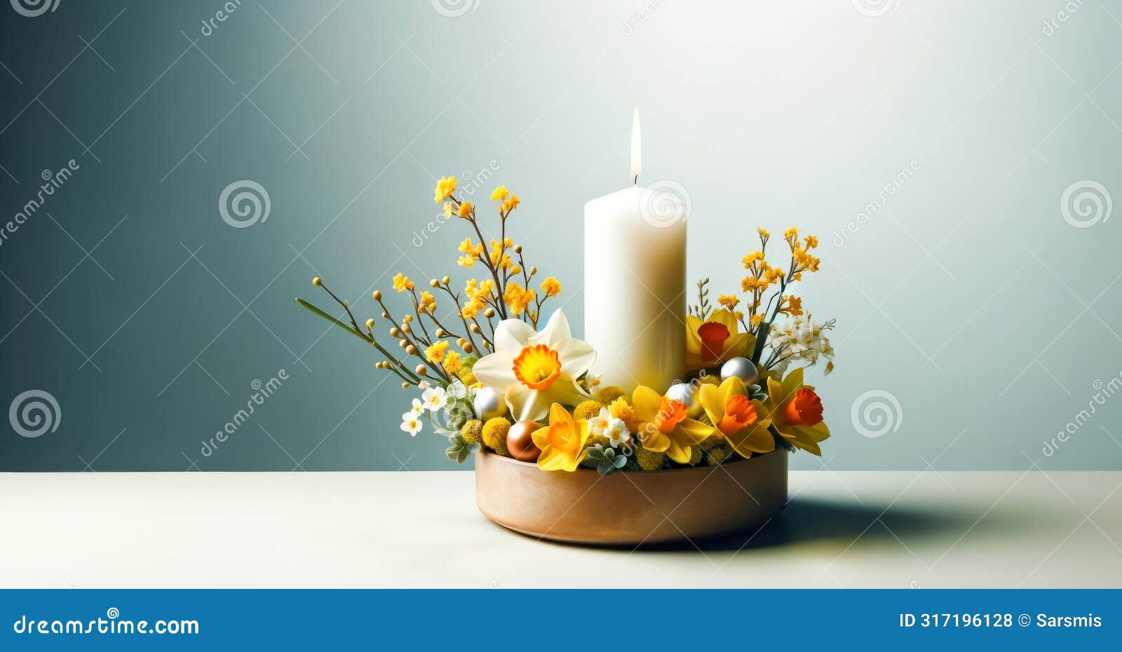 composition with scented candle in bowl surrounded by yellow daffodils flowers and spring blossom twigs.celebration spring