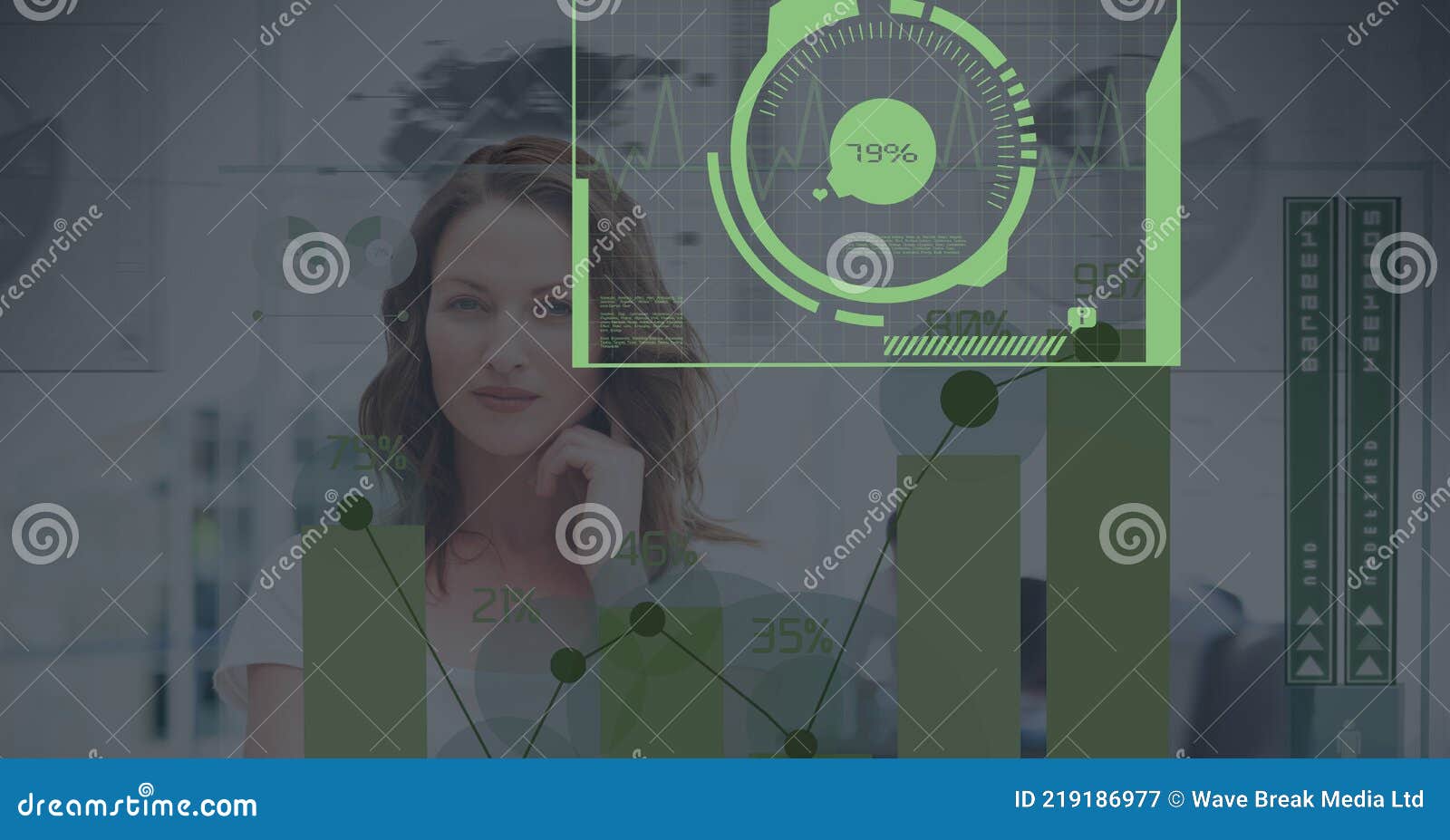 composition of screens with data procesing and statistics over businesswoman and world map