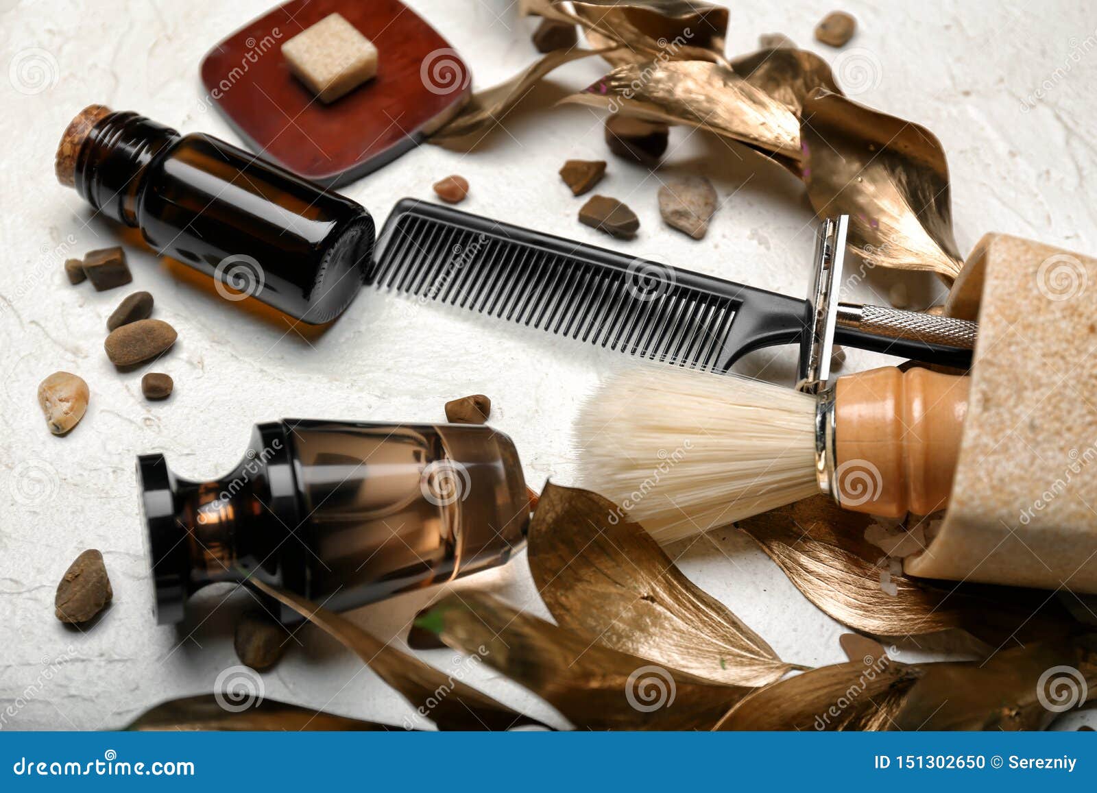 Composition with Shaving Accessories for Men and Cosmetics on White