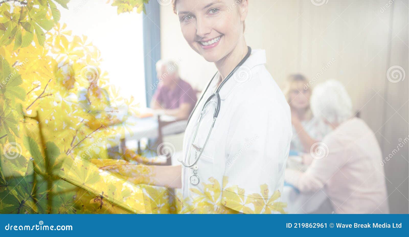 composition of smiling female doctor anc senior people in retirement home with tree overlay