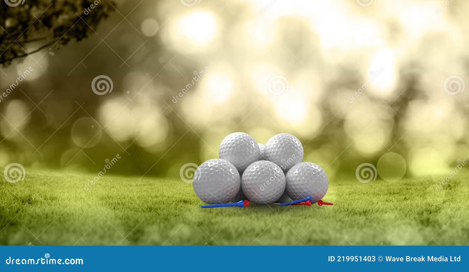 Composition of Stack of Golf Balls in Grass with Tees and Copy Space