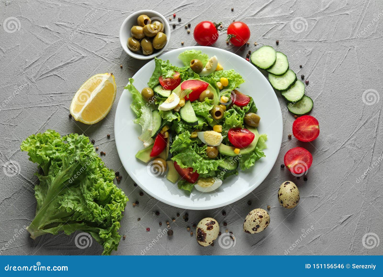 Composition with Tasty Vegetable Salad and Ingredients on Table Stock ...