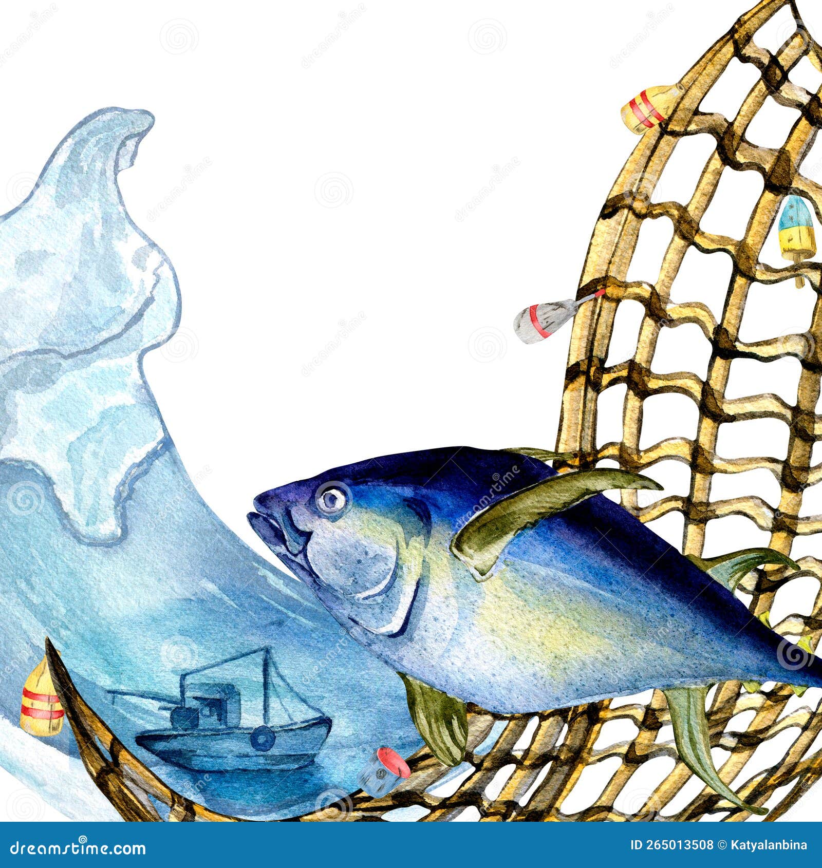 Composition of Tuna and Fishnet Watercolor Illustration Isolated