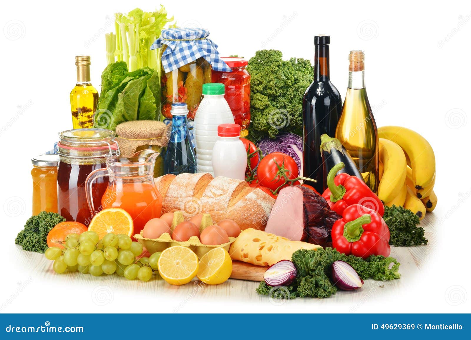 Composition with Variety of Grocery Products on White Stock Image