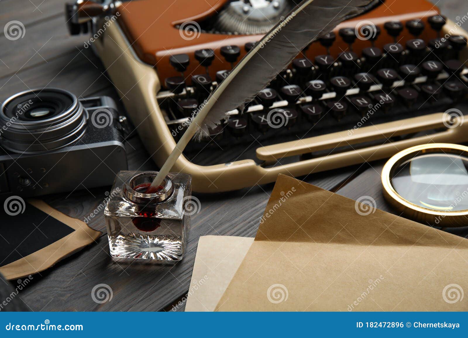 Composition with Vintage Detective Items on Wooden Table, Closeup Stock
