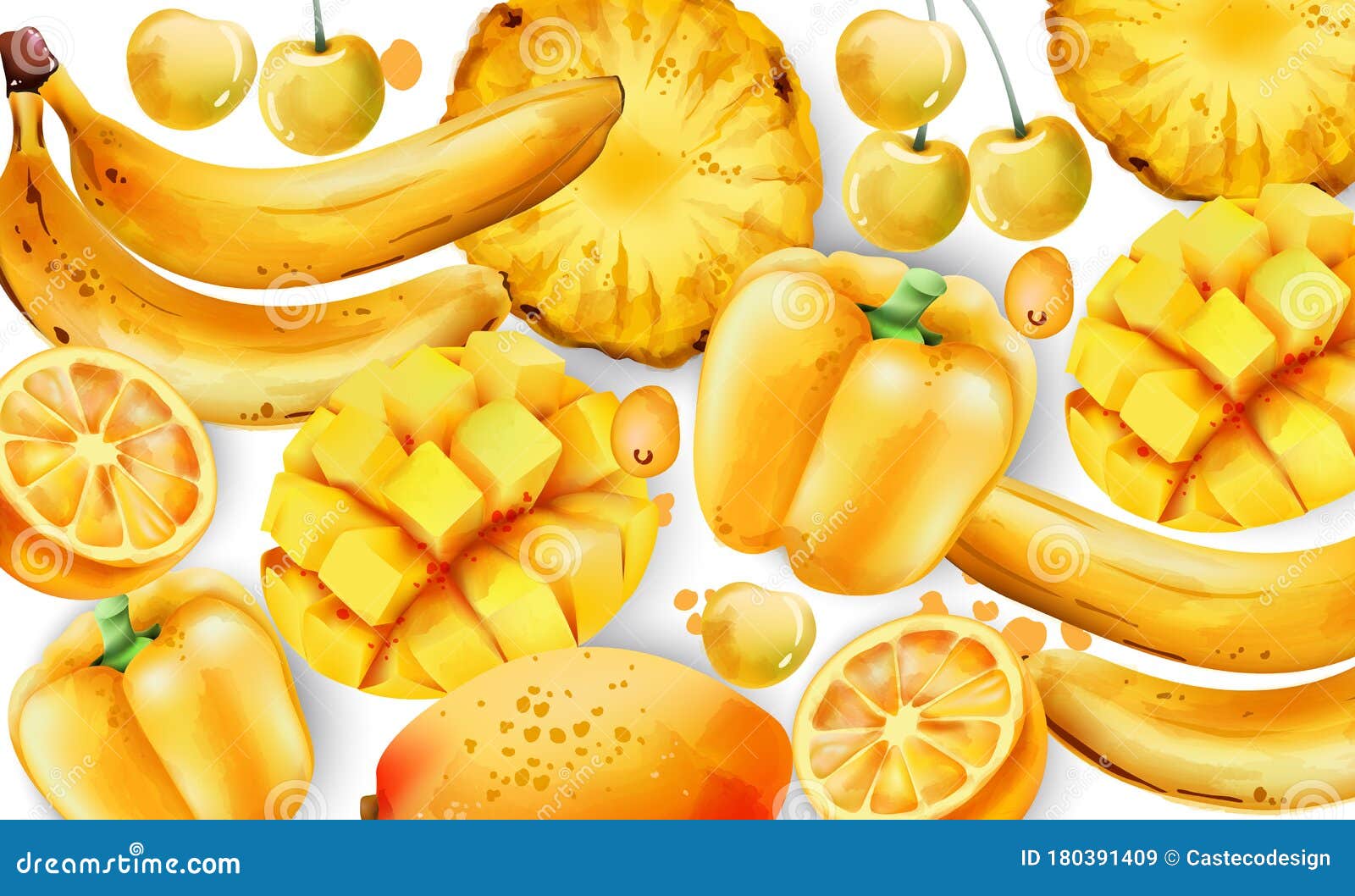 Composition Of Yellow Fruits And Vegetables. Mango, Bell Pepper, White ...