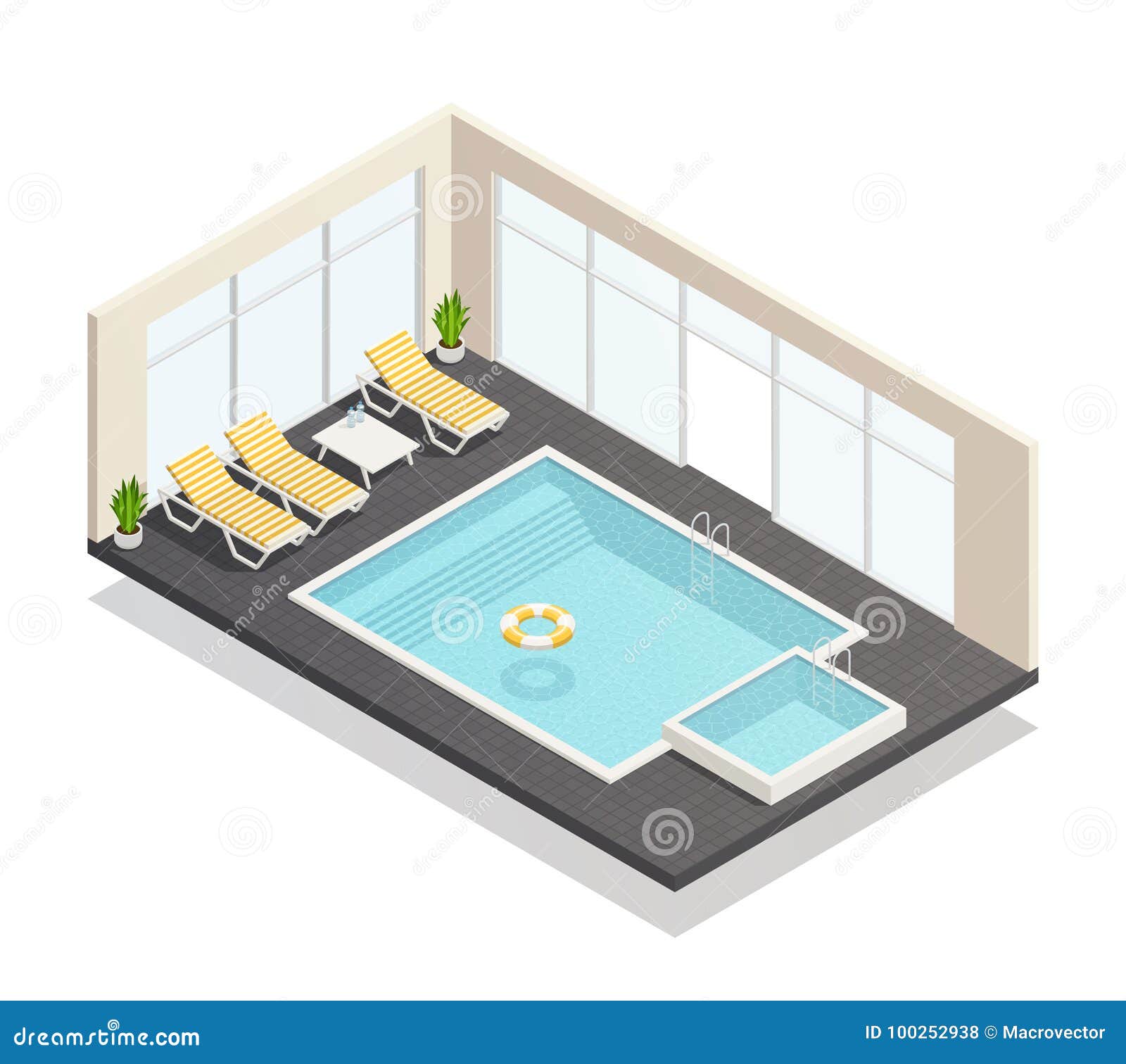 Composição isométrica da piscina da recreação. A piscina da recreação e o banho internos do divertimento com o cartaz isométrico interior da composição das cadeiras de sala de estar da piscina vector a ilustração