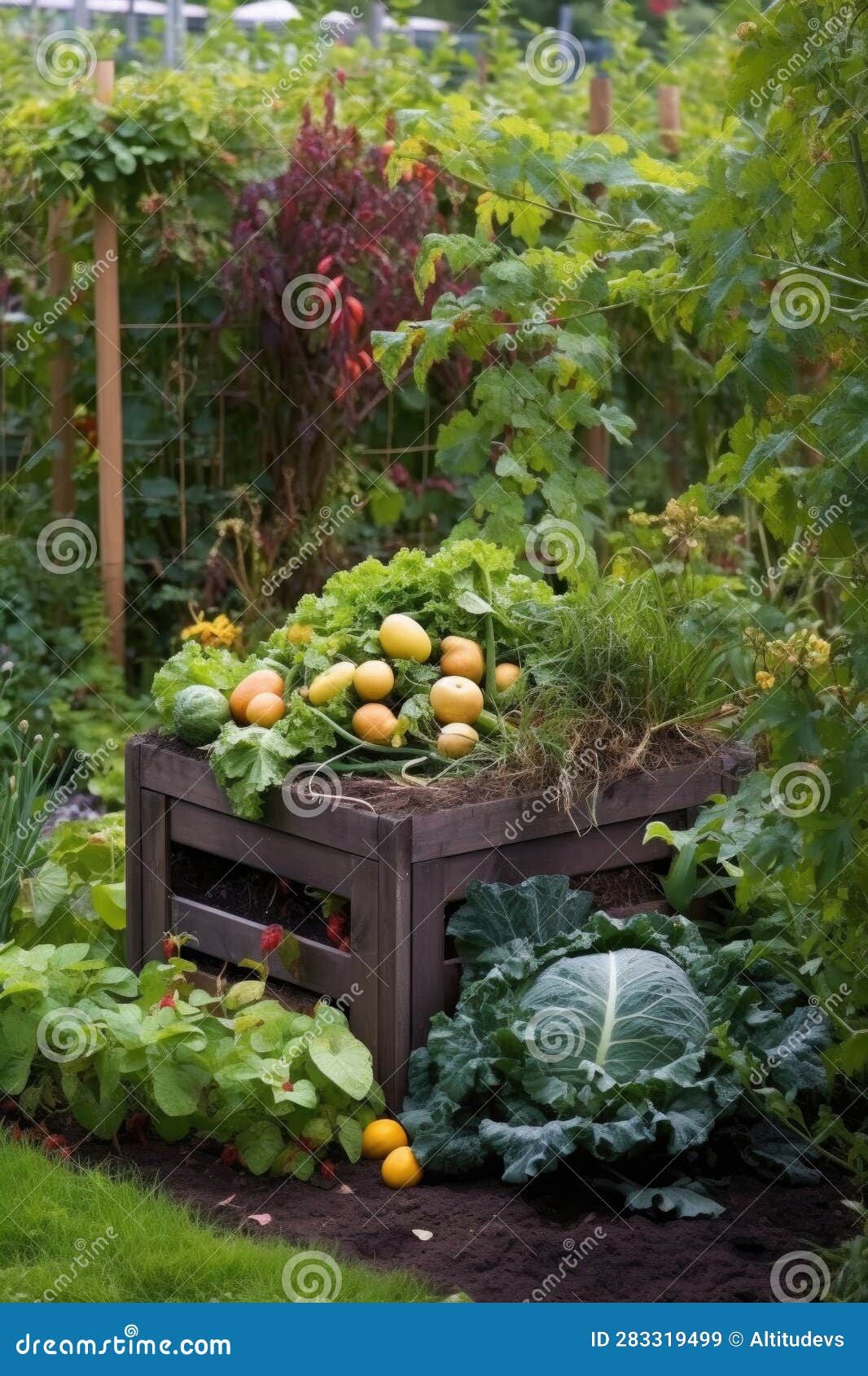 Compost Bin in a Garden with Fruits and Vegetables Stock Image Image