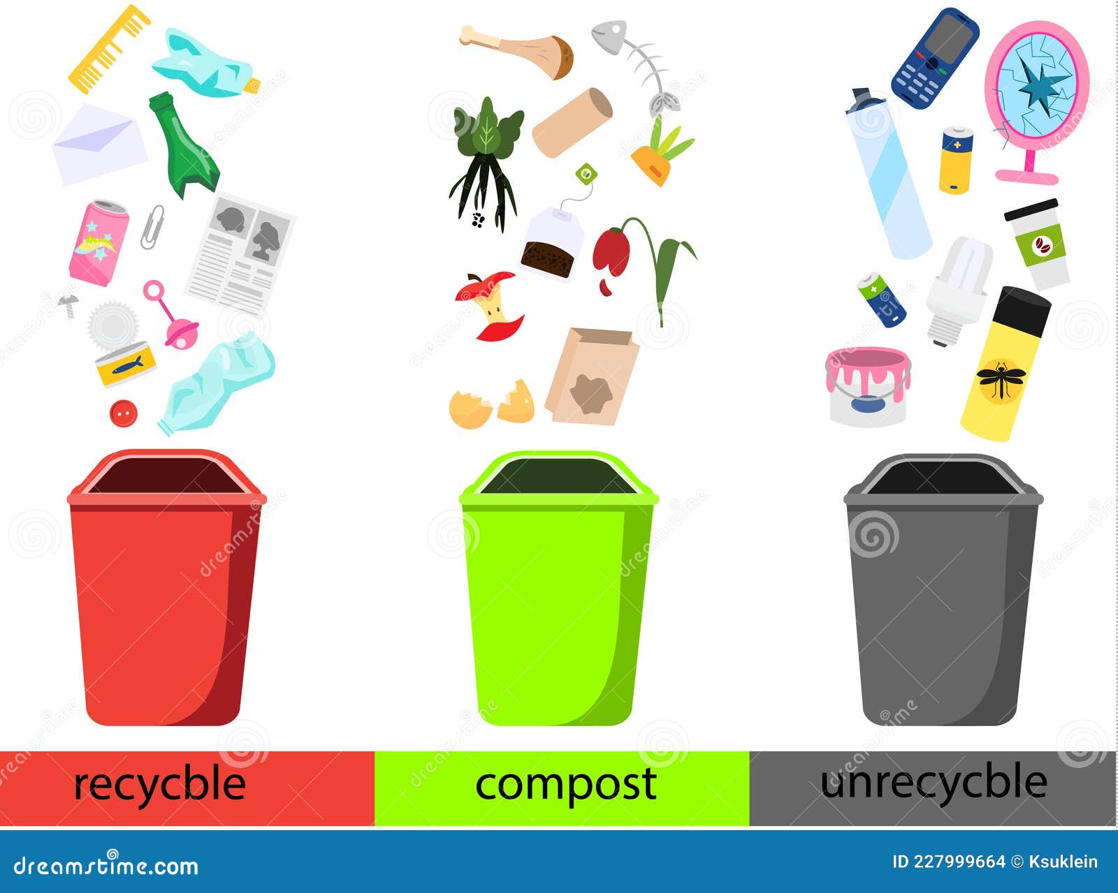 pestillo Custodio suelo Compost Reciclado Y Basura No Reciclable. Tipos De Residuos Con Papeleras  Ilustración del Vector - Ilustración de casa, estropeado: 227999664
