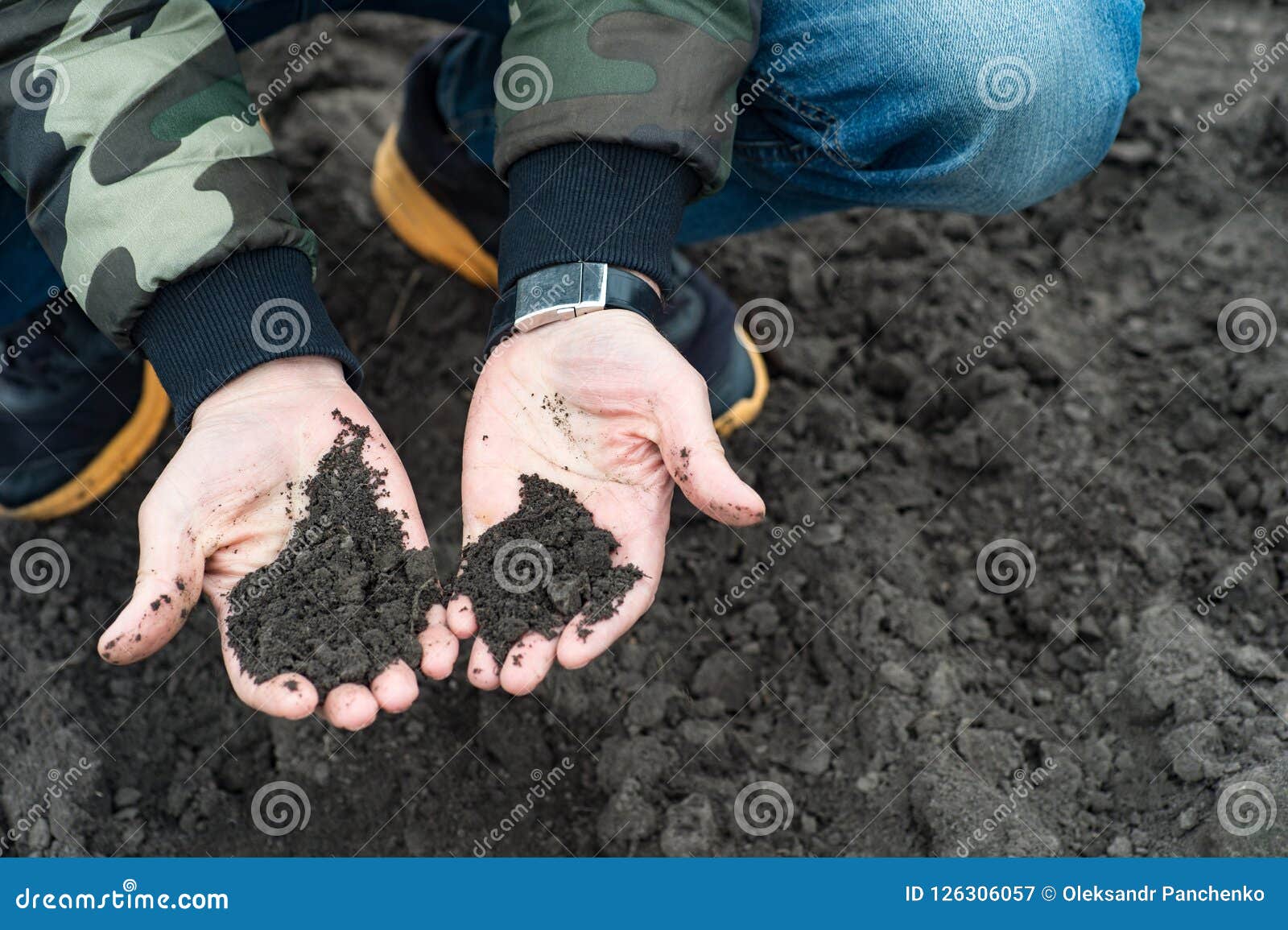 composted earth with farmer or agronomist hands