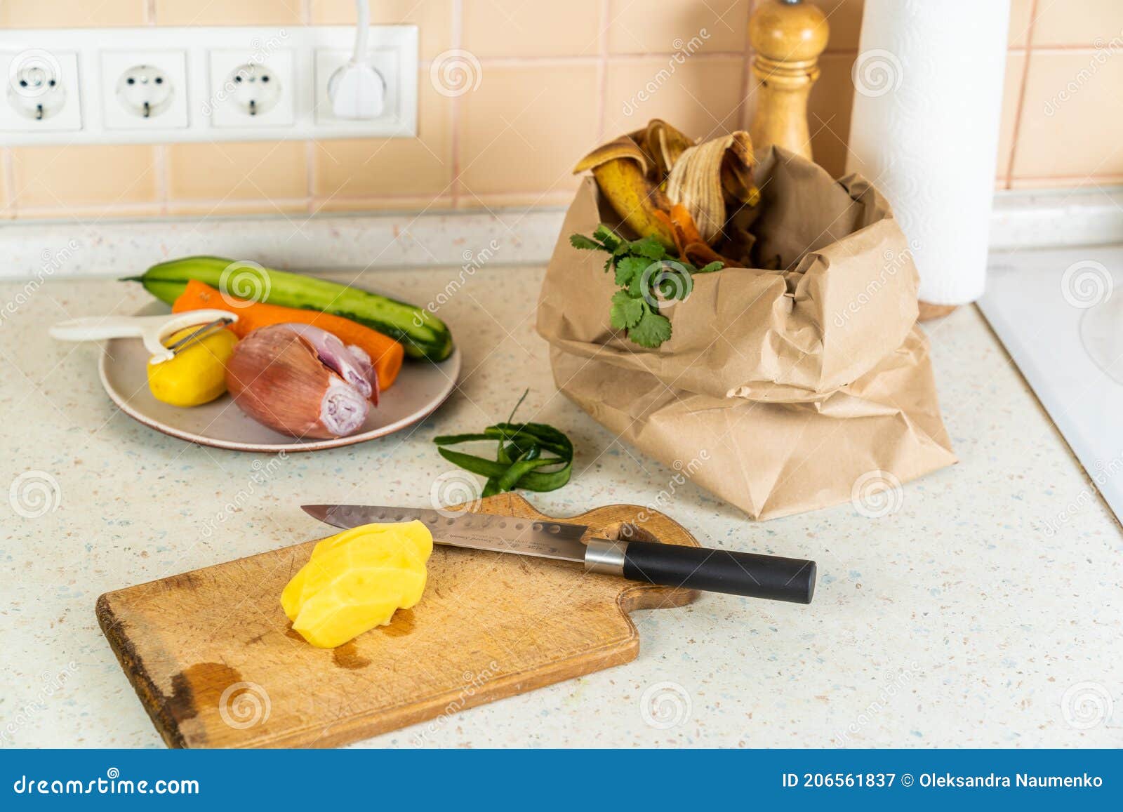 Composting Concept Kitchen Leftovers in Paper Bag Stock Image Image