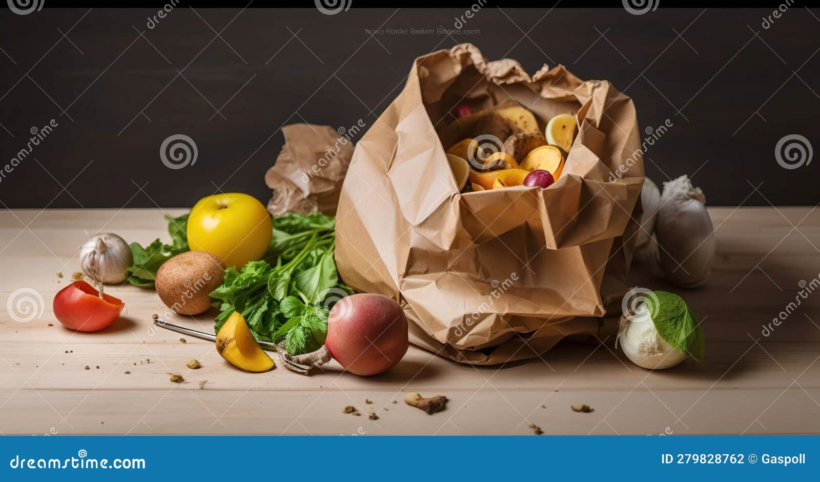 Composting Concept Kitchen Leftovers in Paper Bag, Copy Space
