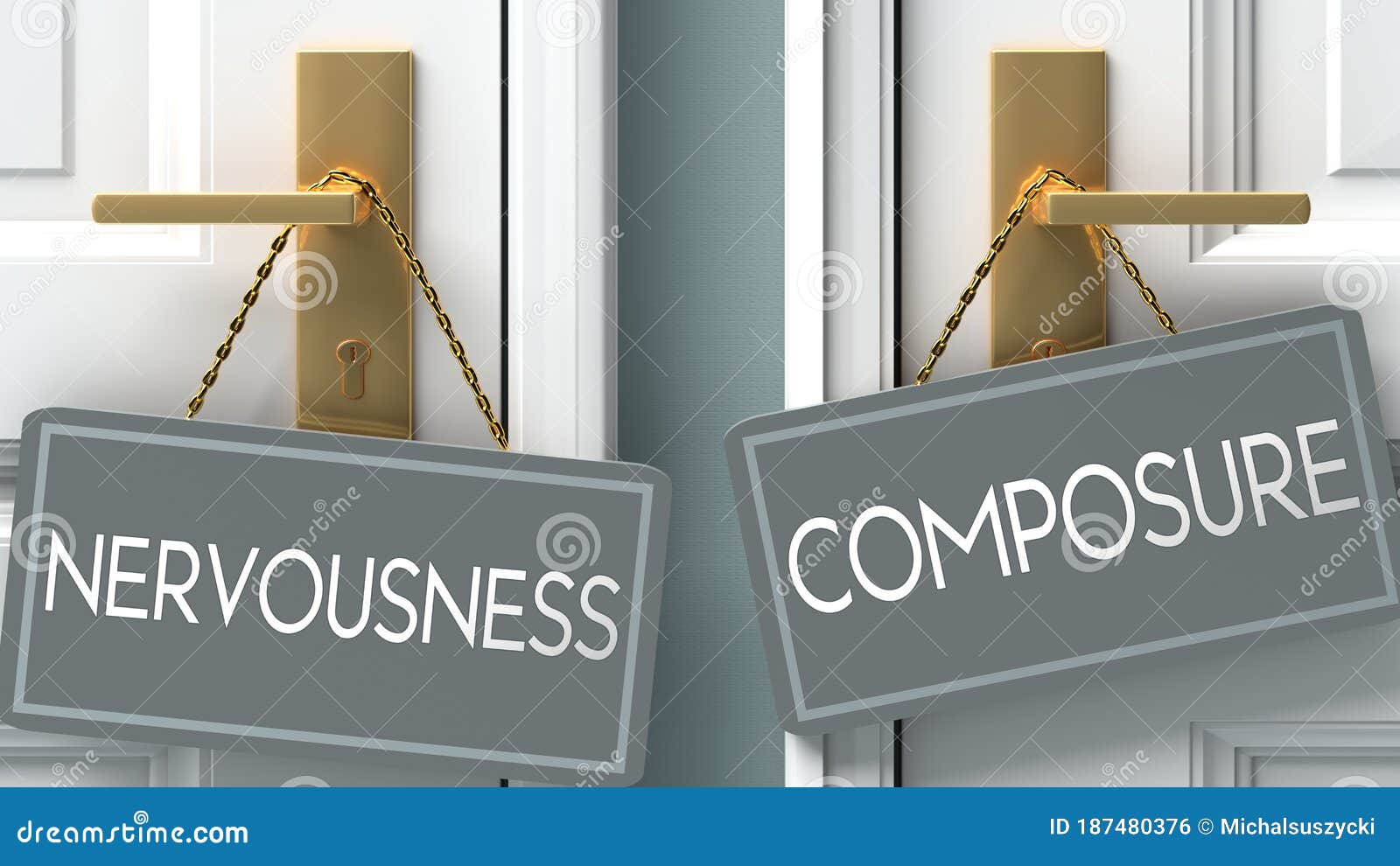 composure or nervousness as a choice in life - pictured as words nervousness, composure on doors to show that nervousness and