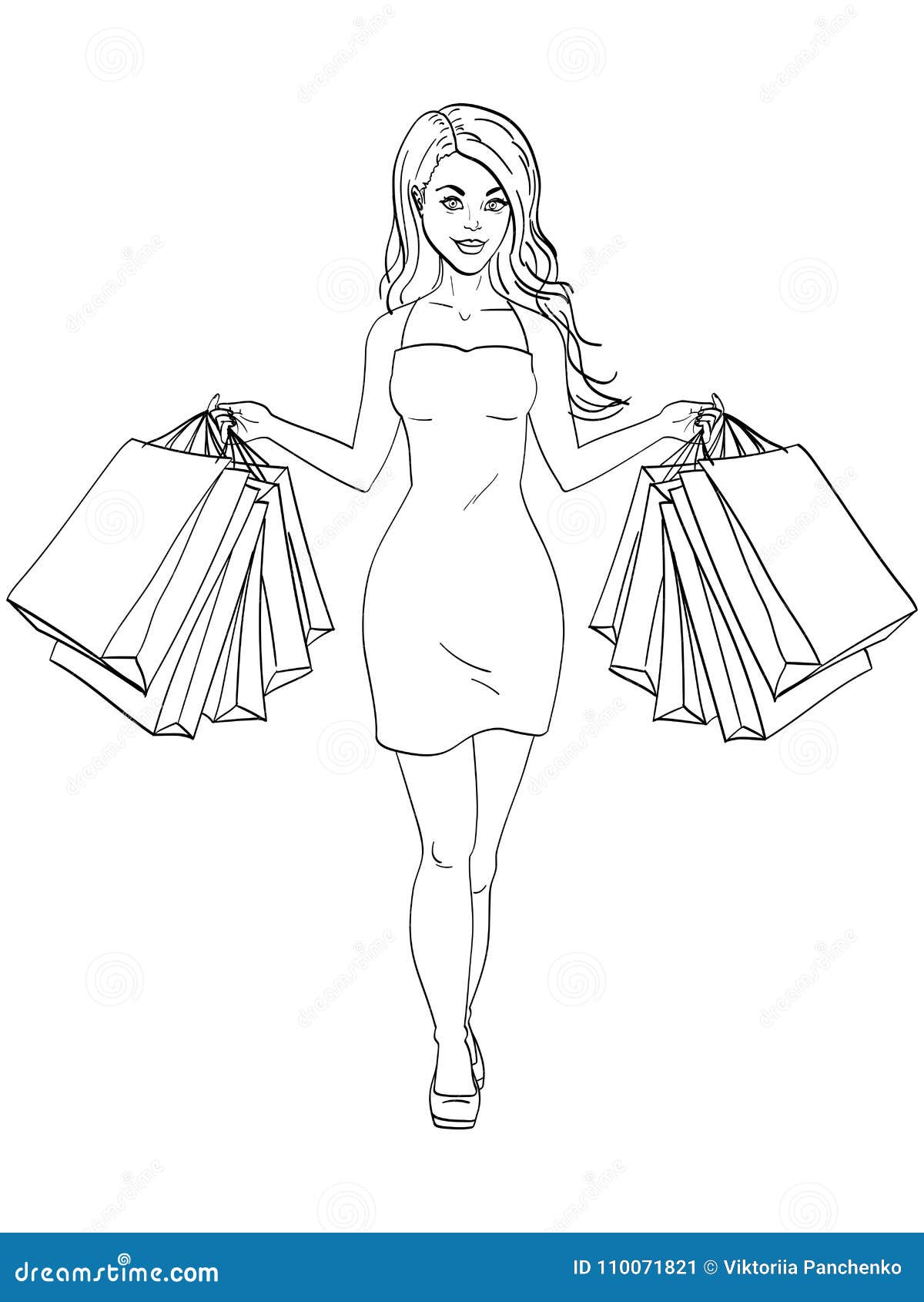 Girl With Shopping. I Bought A Lot Of Clothes. Gift Bags Fashion. Object Coloring Book Vector ...