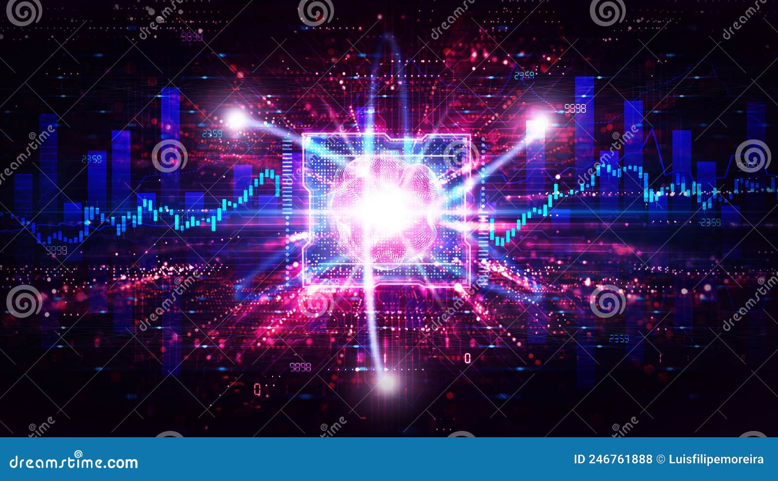 computational finance concept - central processing unit surrounded by financial charts on technology background