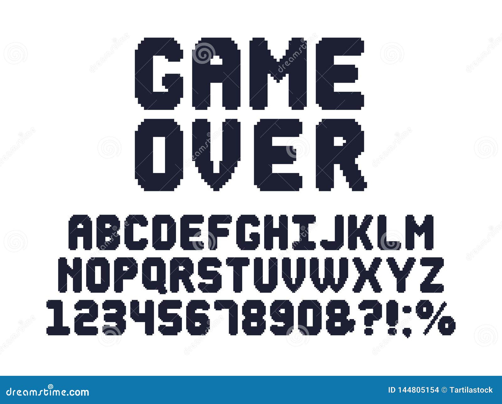 Retro style arcade games font. 80s video game alphabet letters and numbers  royalty free illustration