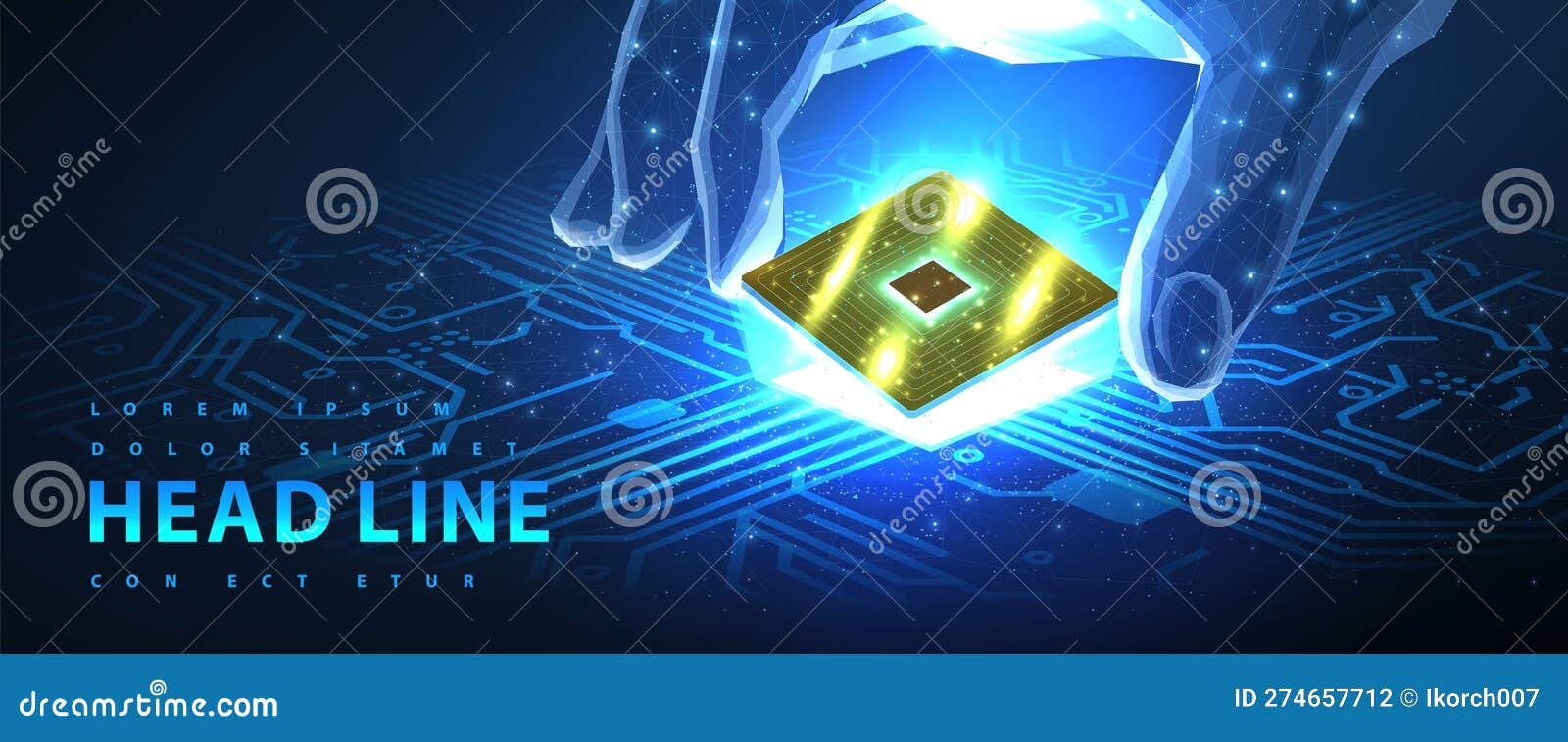 Computer Chip. Microprocessor in Digital Hand on Circuit Board Stock