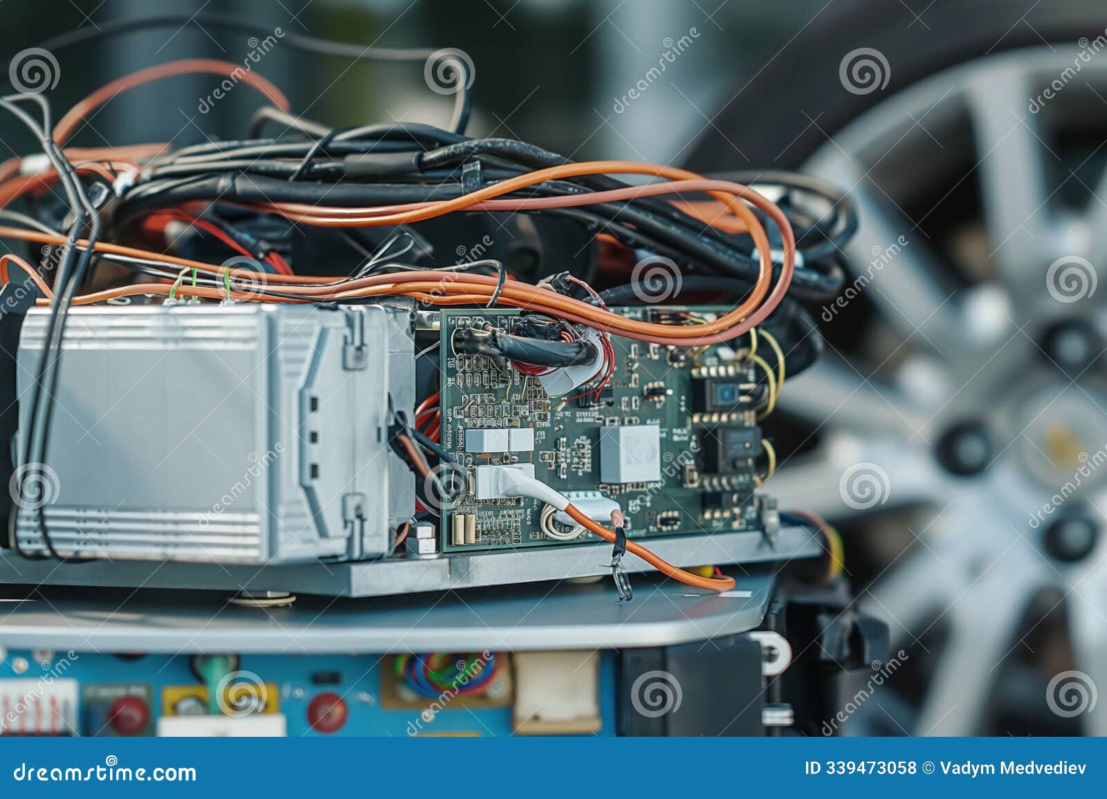 computer circuit board with wires, components on gray surface. red, black, white wires, car wheel in background, electronic