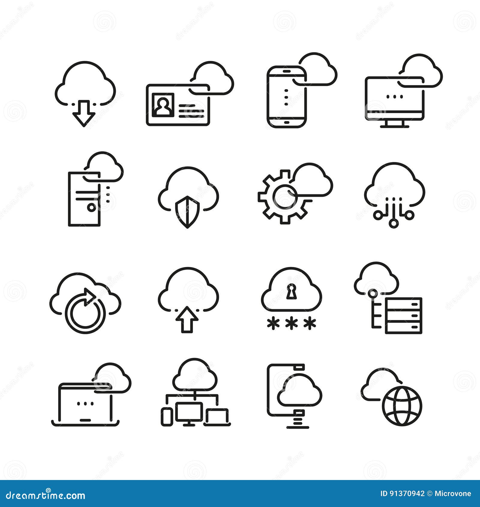 computer cloud technology, data security, access perfection  thin line icons