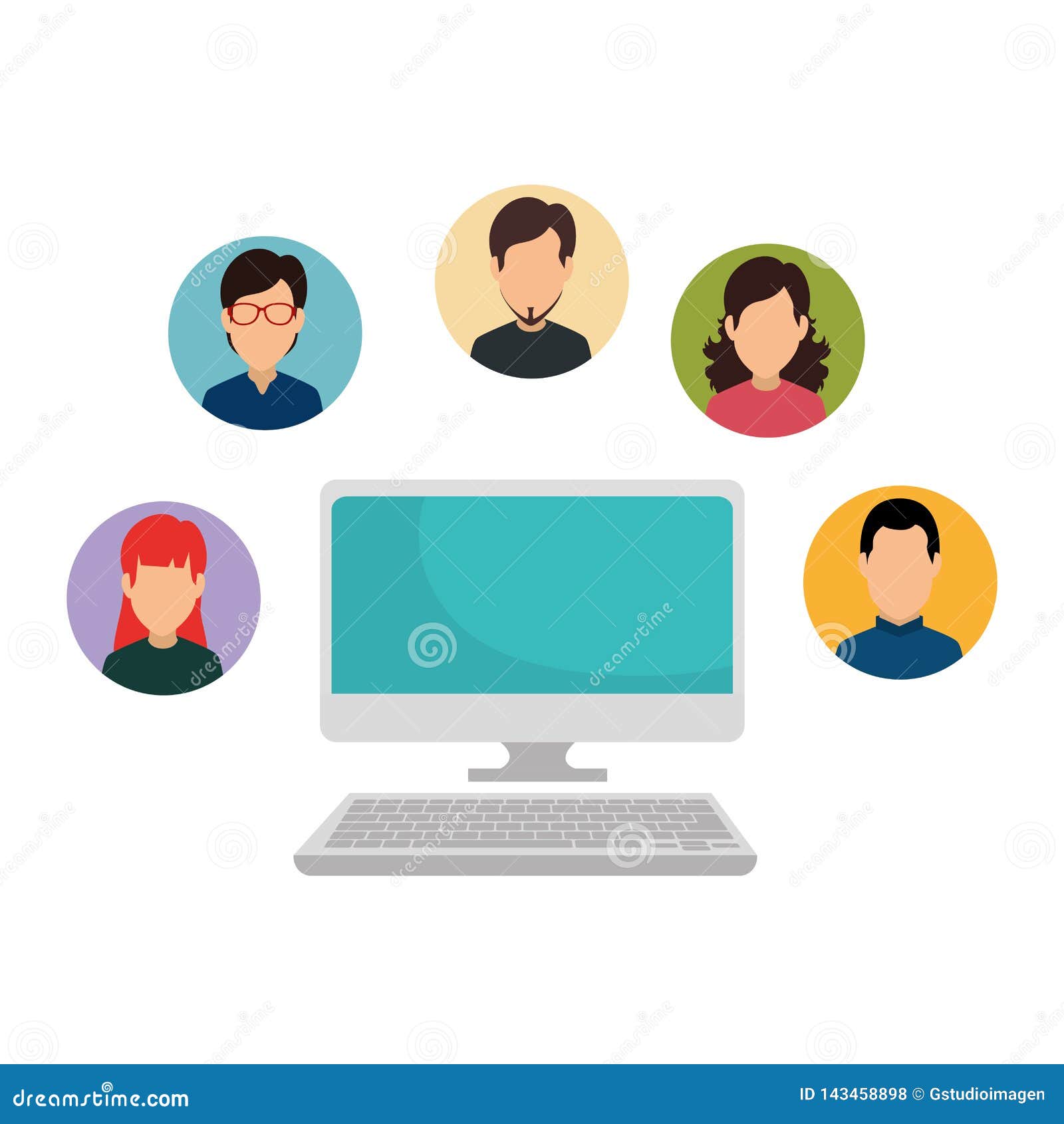 Computer with Community People Stock Vector Illustration of office