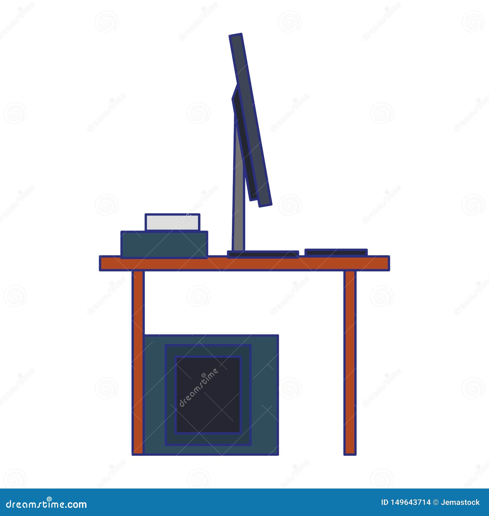 Computer Desk Icon Cartoon Isolated Blue Lines Stock Vector
