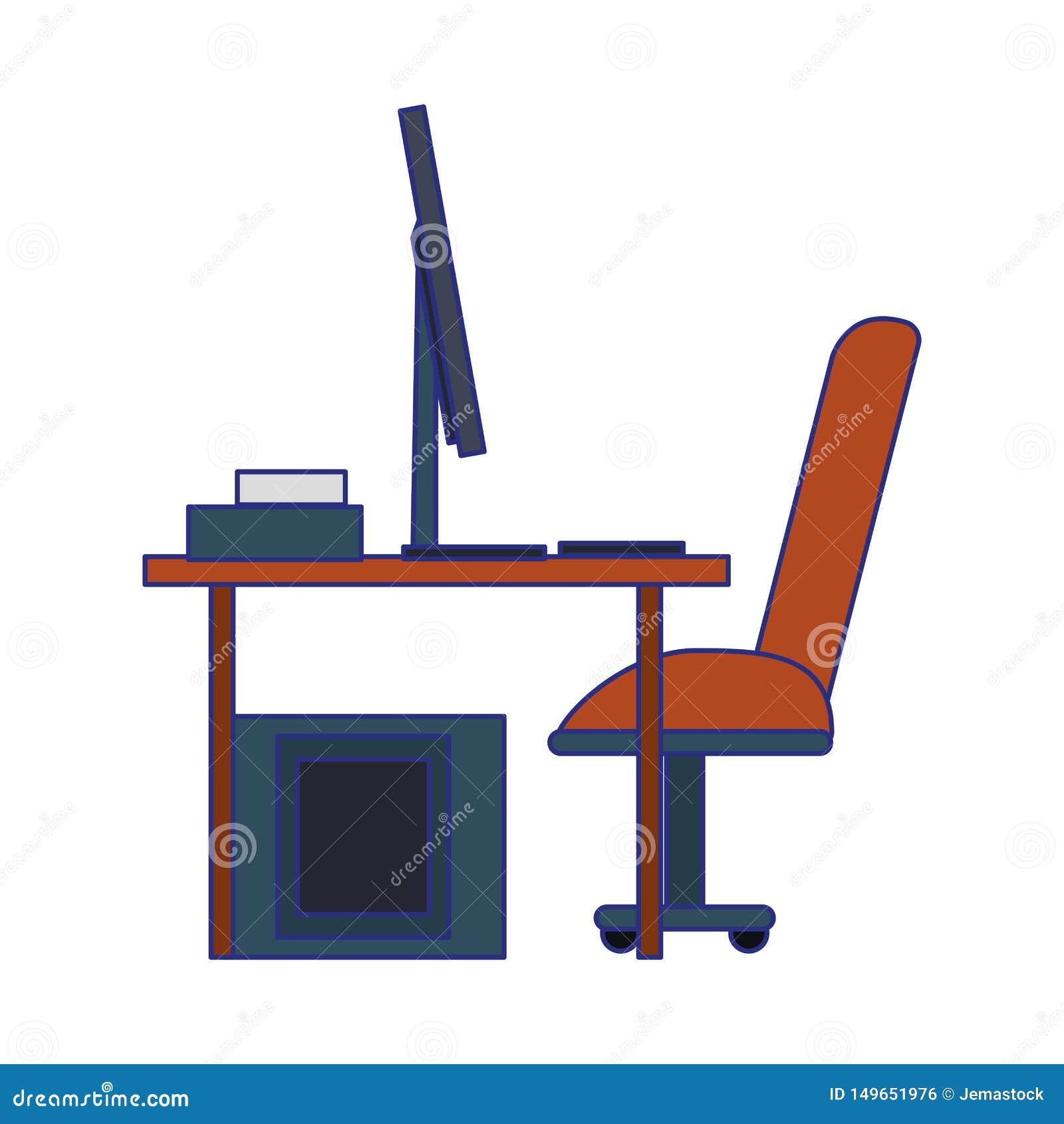 Computer Desk Icon Cartoon Isolated Blue Lines Stock ...