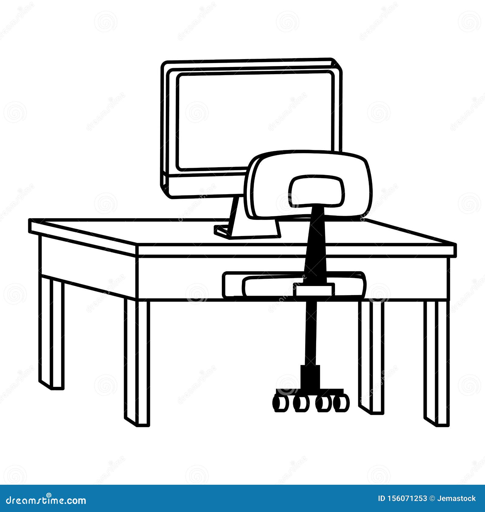 Computer on Desk with Office Chair in Black and White Stock Vector