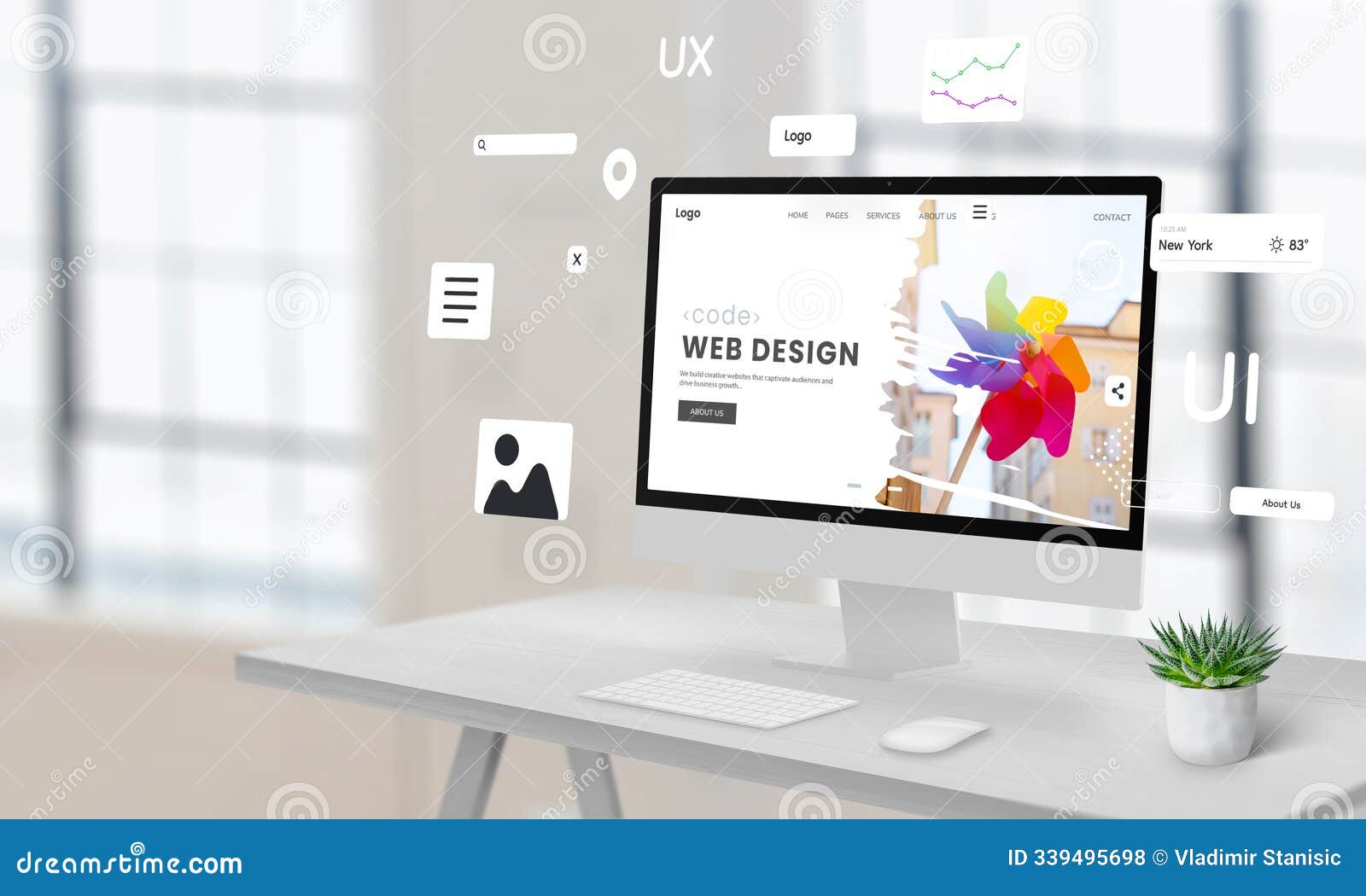 Computer Display on a Work Desk Featuring a Web Design Studio Page with ...