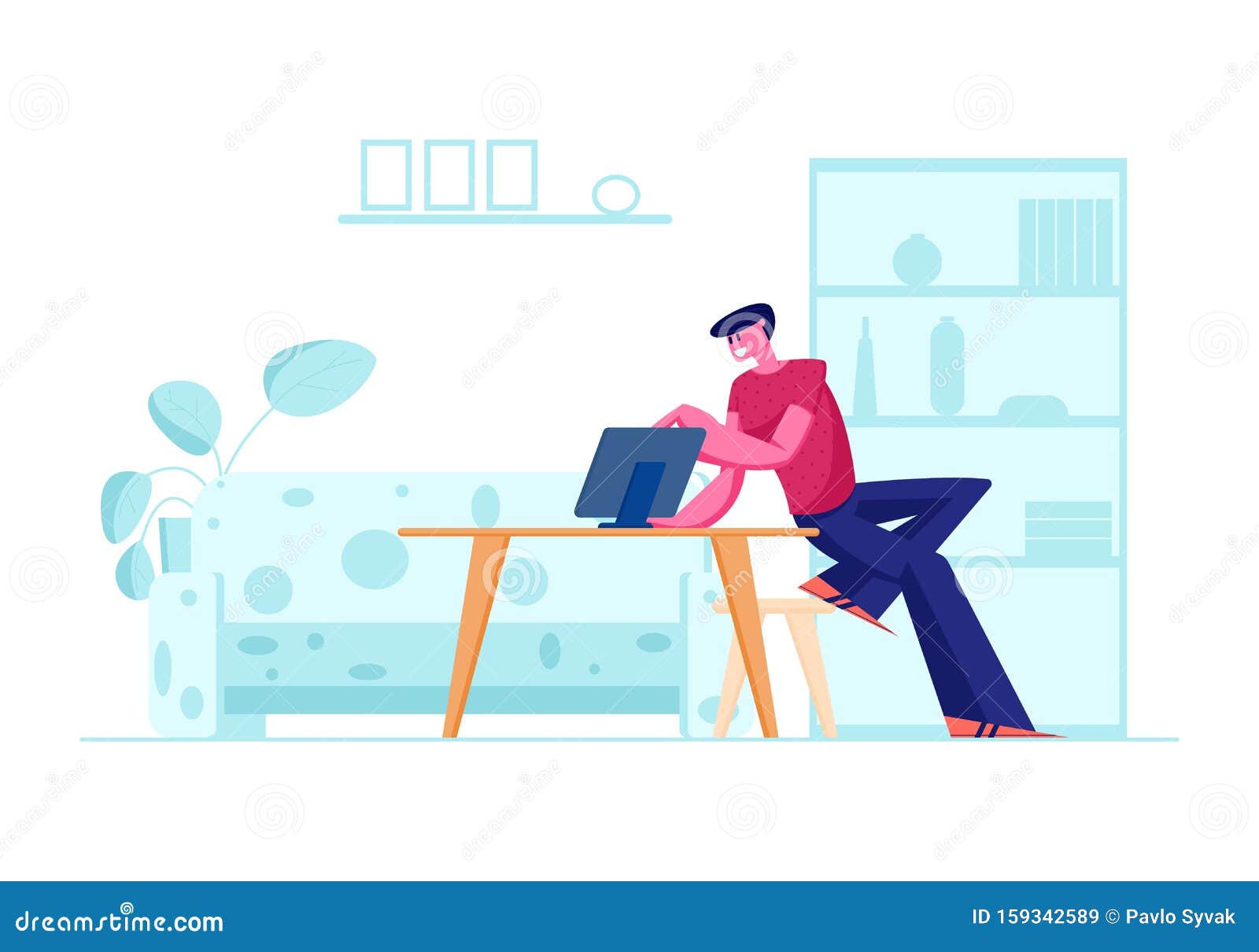 computer education, new technologies. young man sitting at table with laptop in home interior