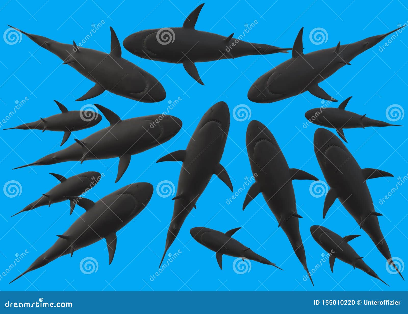 the silhouette of many sharks from the underside against a deep blue sea color backdrop
