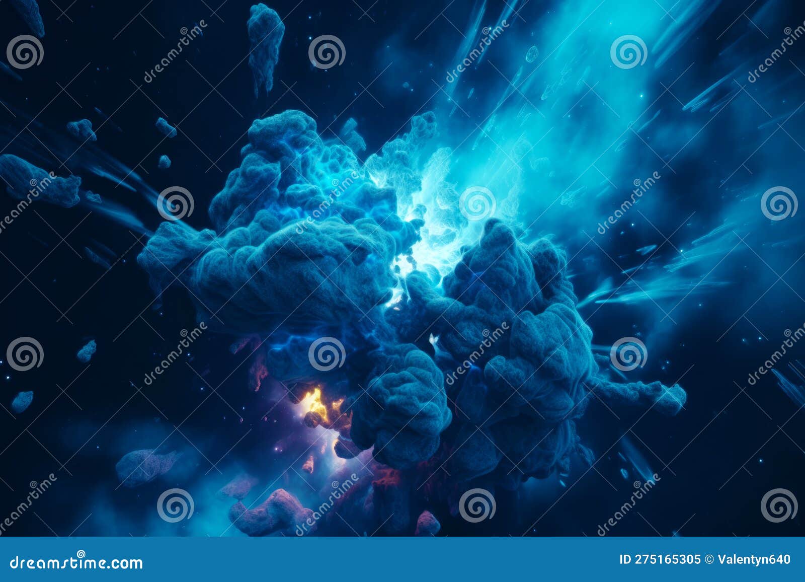 Computer Generated Image of Blue and White Explosion of Smoke and Gas. Generative AI Stock