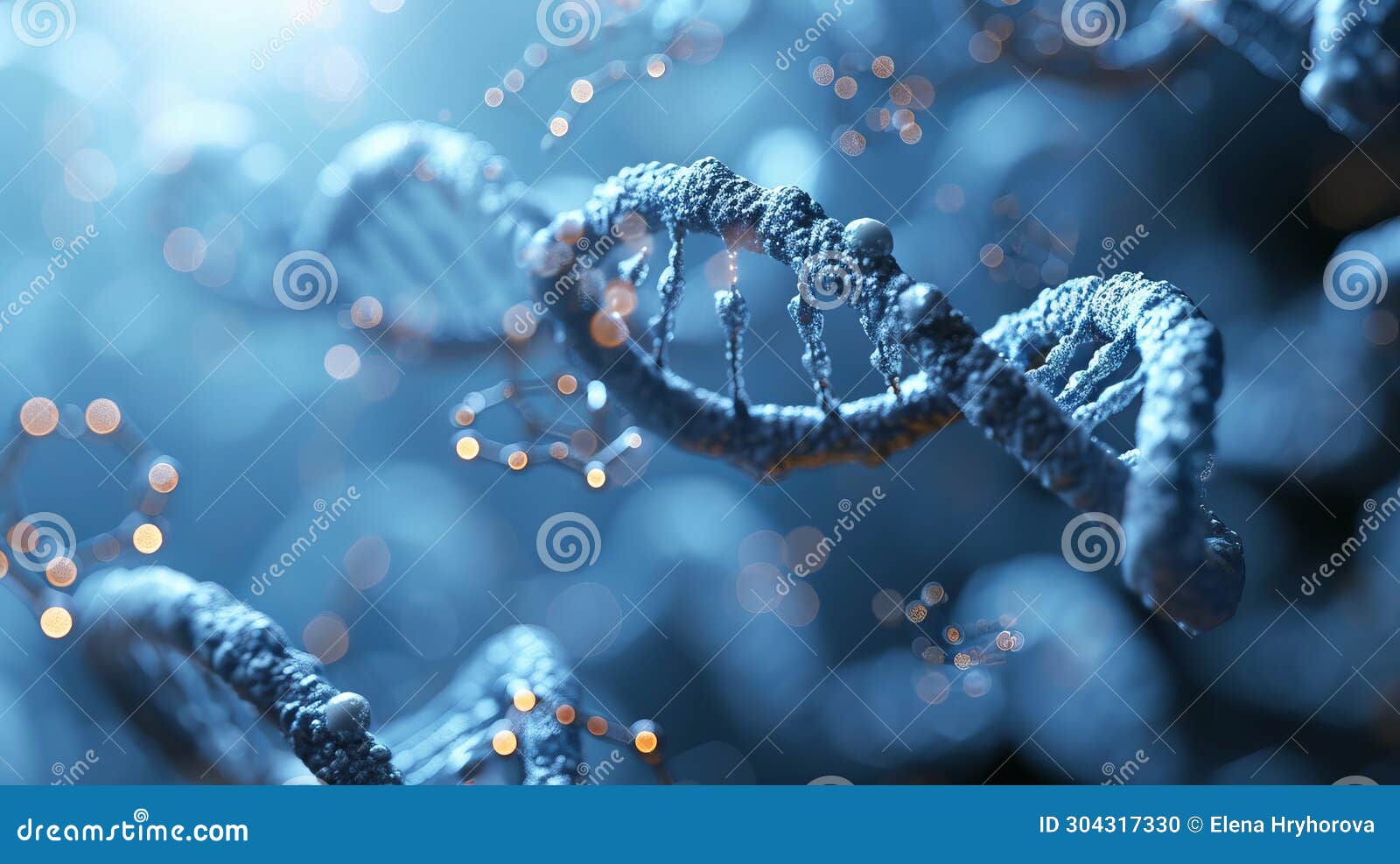 computer-generated image of twisting dna helices with bokeh
