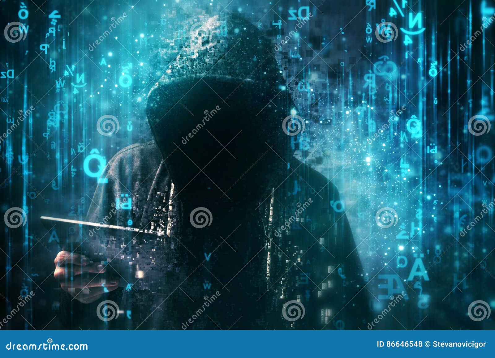 computer hacker with hoodie in cyberspace surrounded by matrix code