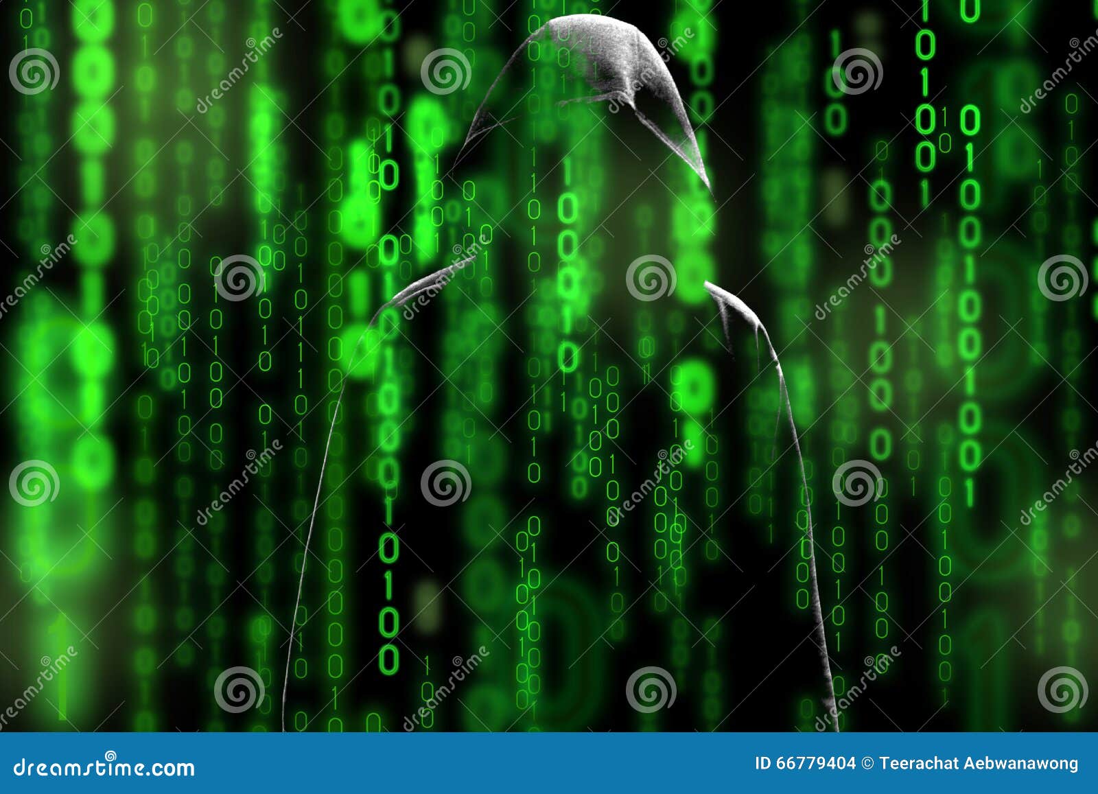 computer hacker silhouette of hooded man with binary data screen and network security terms matrix theme