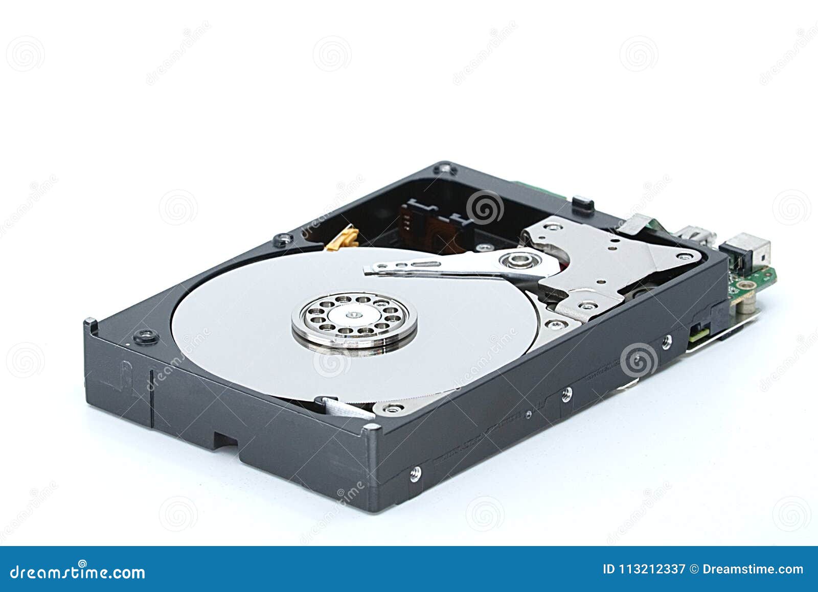 Computer Hard Disk Drive with Open Cover on White Background Stock