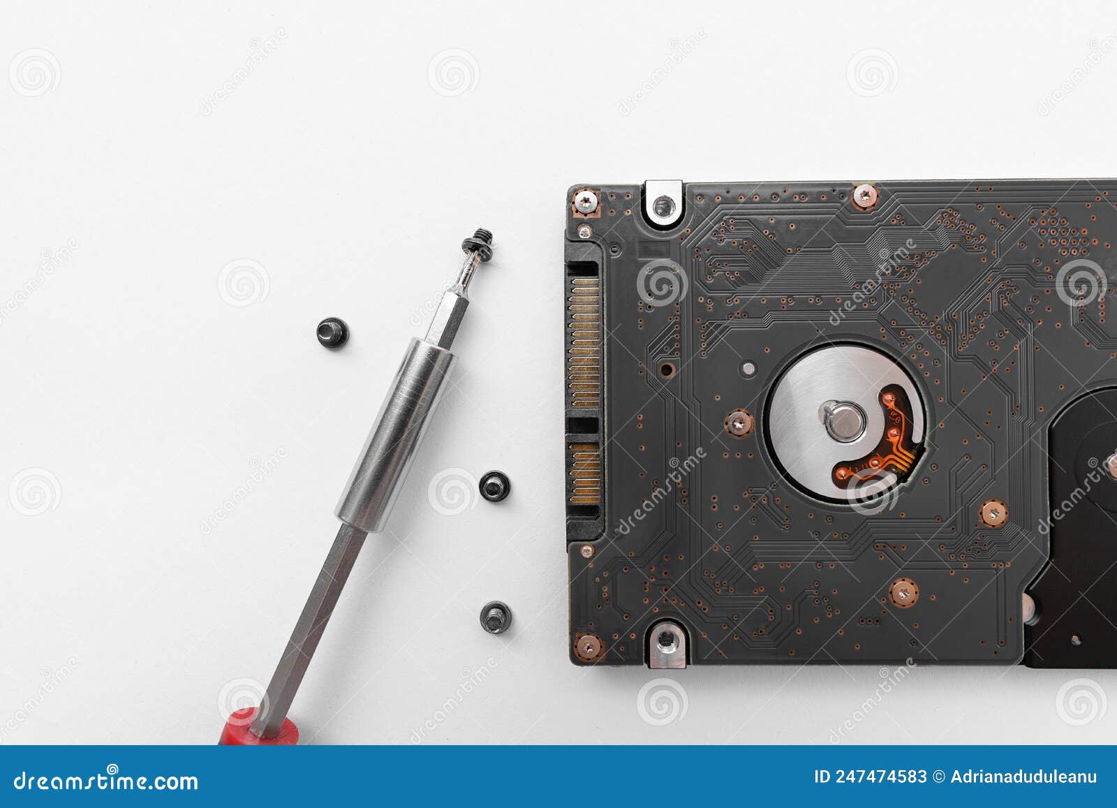 Hard drive and screwdriver stock image. Image of table 247474583