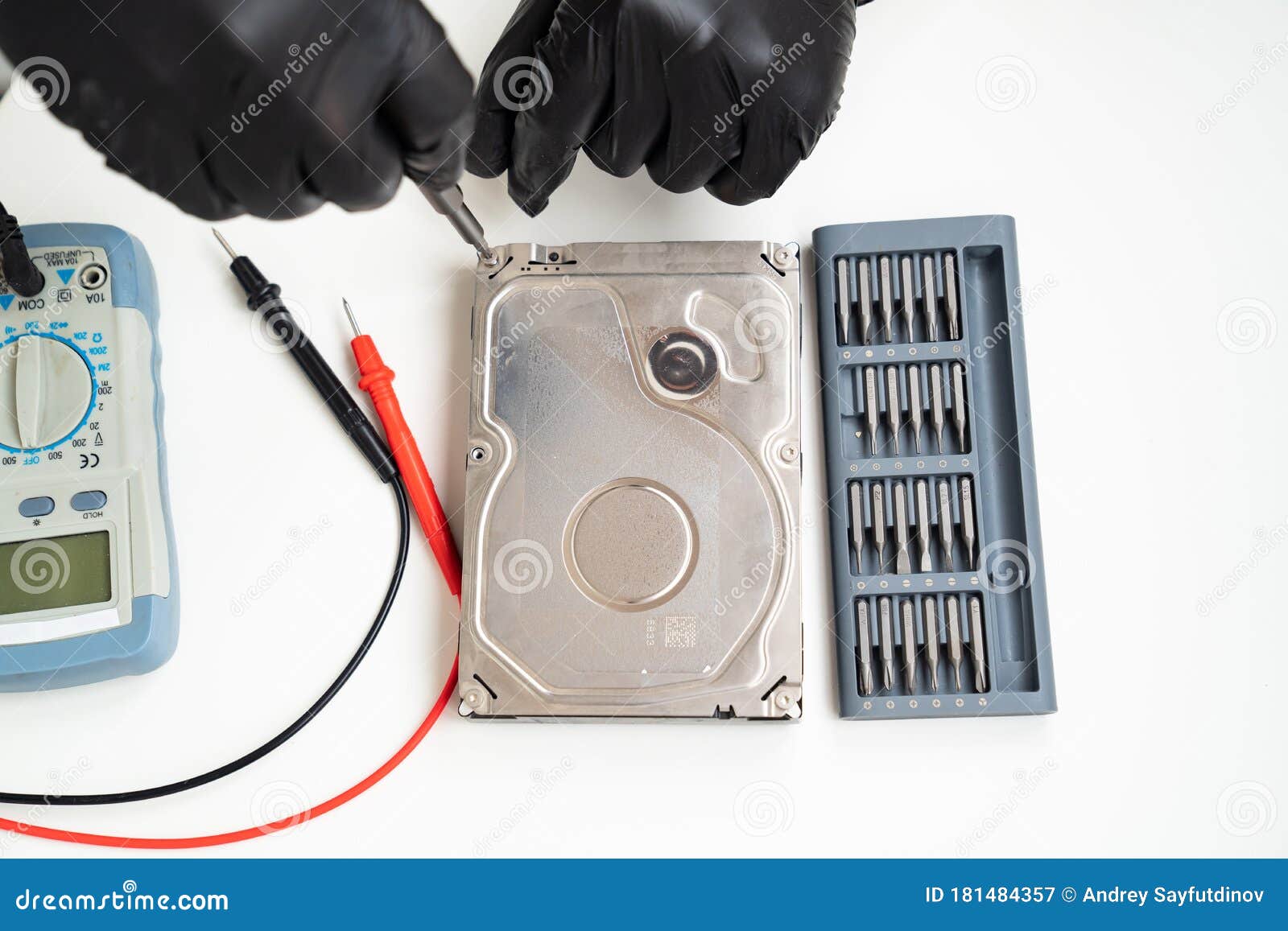 Computer Hard Drive. Screwdriver Set. Black Gloves Stock Image Image
