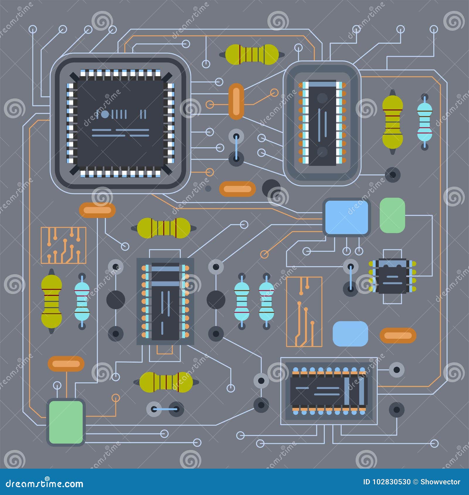 Realistic Black Microchip On Detailed Printed Circuit Board Cartoon