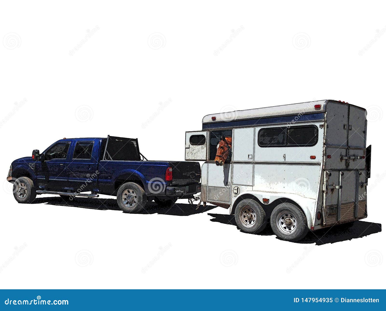 iconic clipart of a blue pickup pulling a white horse trailer