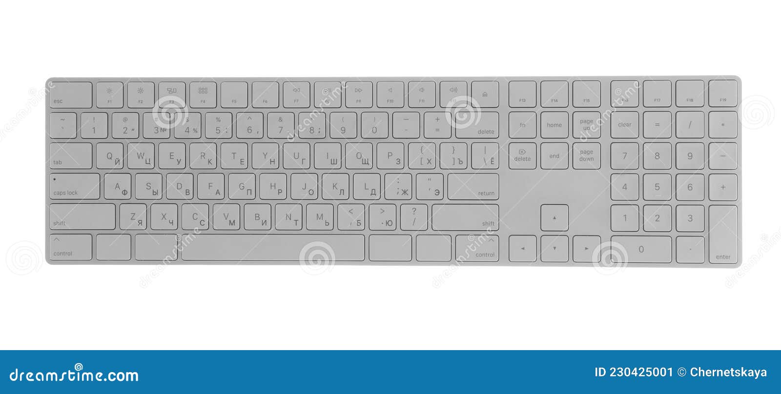 Computer Keyboard Isolated on White, Top View. Modern Technology Stock