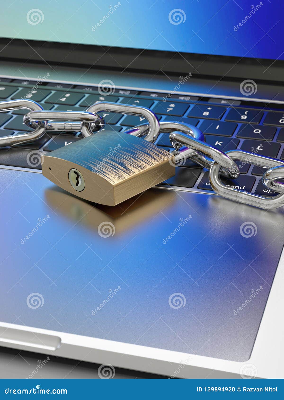 Computer Keyboard Locked with Padlock and Chain Security Stock Photo