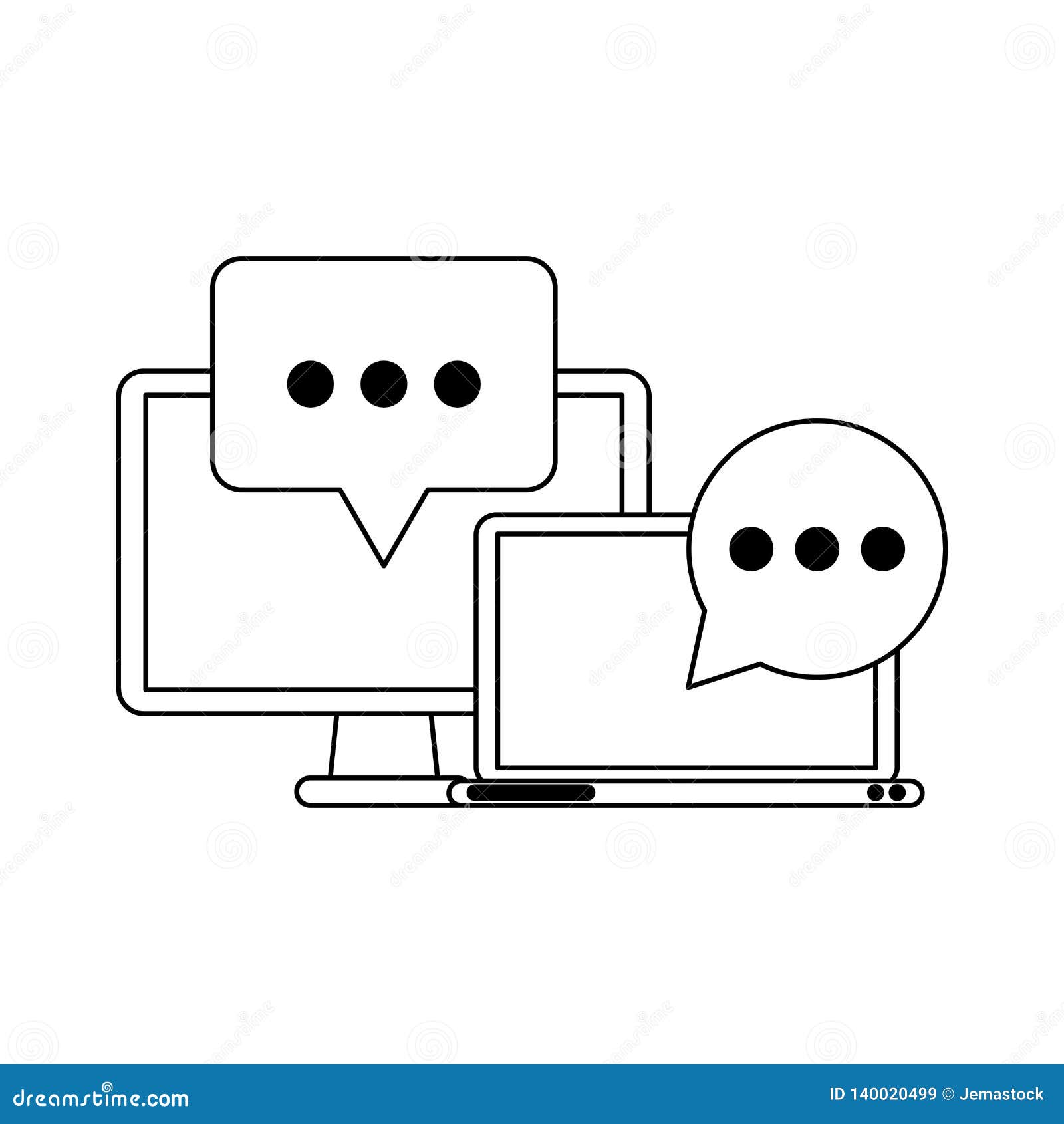 Computer and Laptop Chat Black and White Stock Vector Illustration of